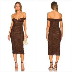 Majorelle Tabitha Midi Dress in Cappuccino Brown XS Ruched Mesh Midi Lined Party